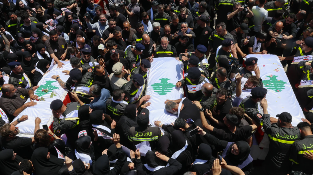Funeral ceremony for three members of the Lebanese Civil Defense in Tyre. WAEL HAMZEHC, EFE News Agency