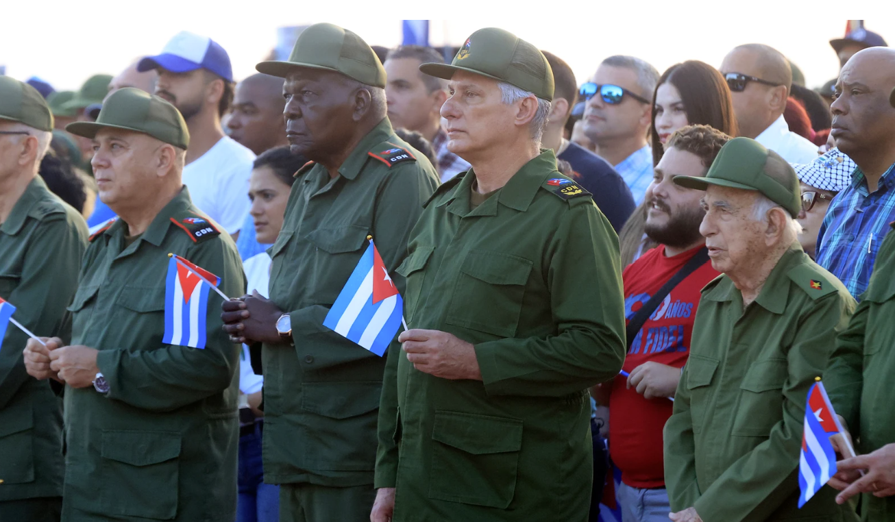 Cuban President Miguel Díaz-Canel (center) attends an event in support of former Cuban President Raúl Castro this Friday in Havana, Cuba. The Cuban government flexed its muscles with this show of support for Raúl Castro, following the U.S. indictment for the downing of two planes and the deaths of their four occupants 30 years ago, and his designation as a "fugitive from justice." Ernesto Mastrascusa, EFE News Agency